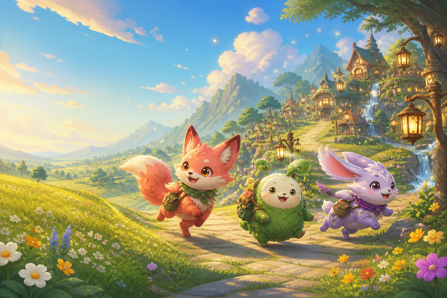 Three cheerful Petopia companions racing through a sunny meadow toward a lantern-lit village