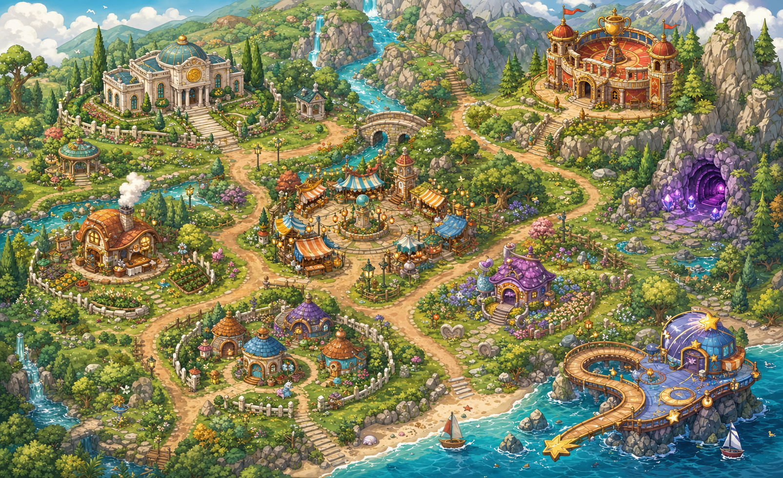 Illustrated map of Petopia's meadows, mountains, town, caverns, and Comet Coast
